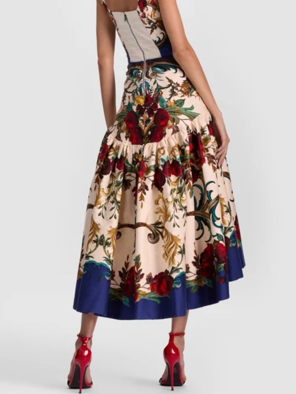 Alice + Olivia Blue, Cream and Red Baroque High-Low Dress - Picture 3 of 6